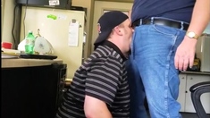 Daddy trucker dumps a quick load in Chubby Boy's mouth...