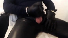 Skintight leather pants and gloves masturbation