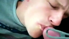 Guy sucks and gets cum in his mouth and on his face