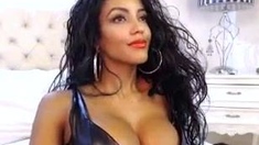 Busty curly brunette with big boobs fucks on couch