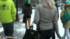 Gorgeous college girls walk around town on the lookout for a hot hardcore adventure