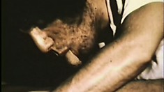 Vintage gay porn with three construction workers chewing on some meat