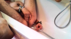 Bi-guy Using Shower Head, Squirting Water, Enema