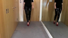 Sexy Latex Liquid Leggings with Red Stilettos Fetish